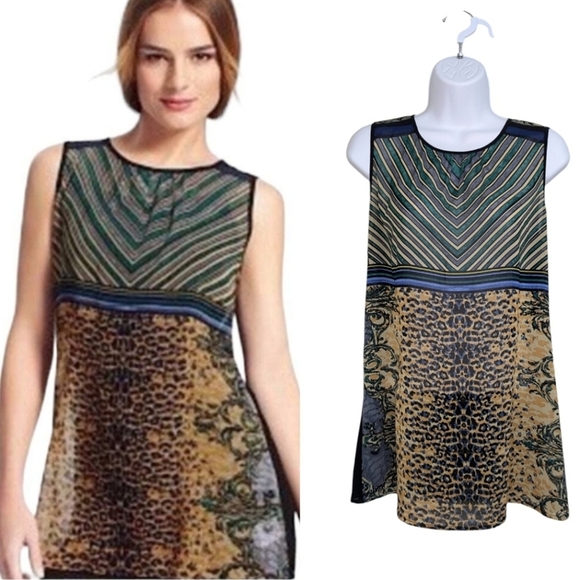 CAbi Gray Tan Animal Print Striped Chiffon Tank Top Blouse Sheer Lightweight S - Picture 1 of 8